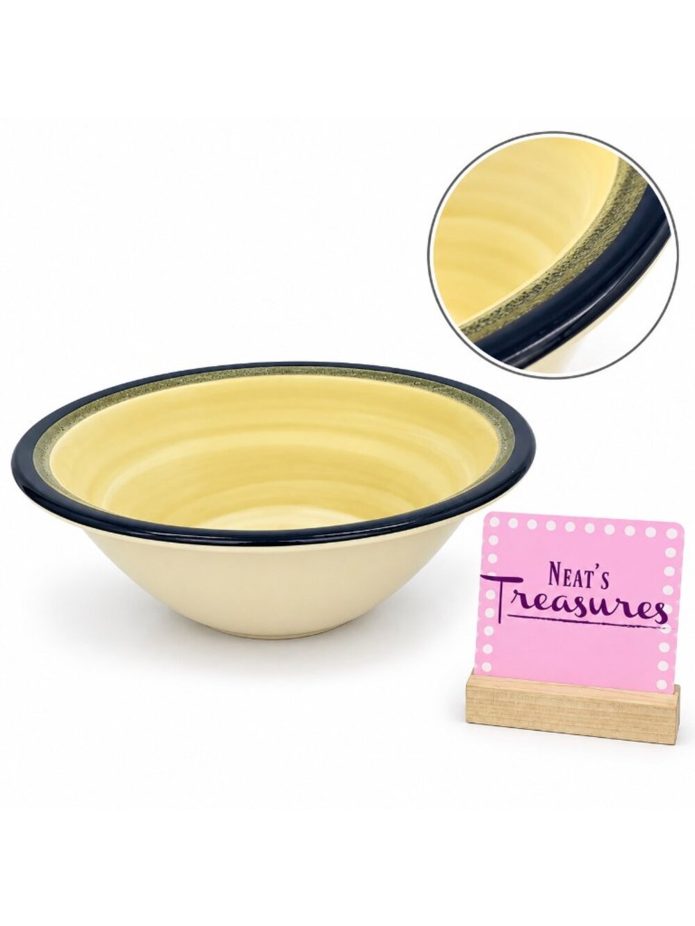 Noble Excellence CONCENTRICS LINEN Sand Blue Rim Stoneware 2 Quart Serving Bowl